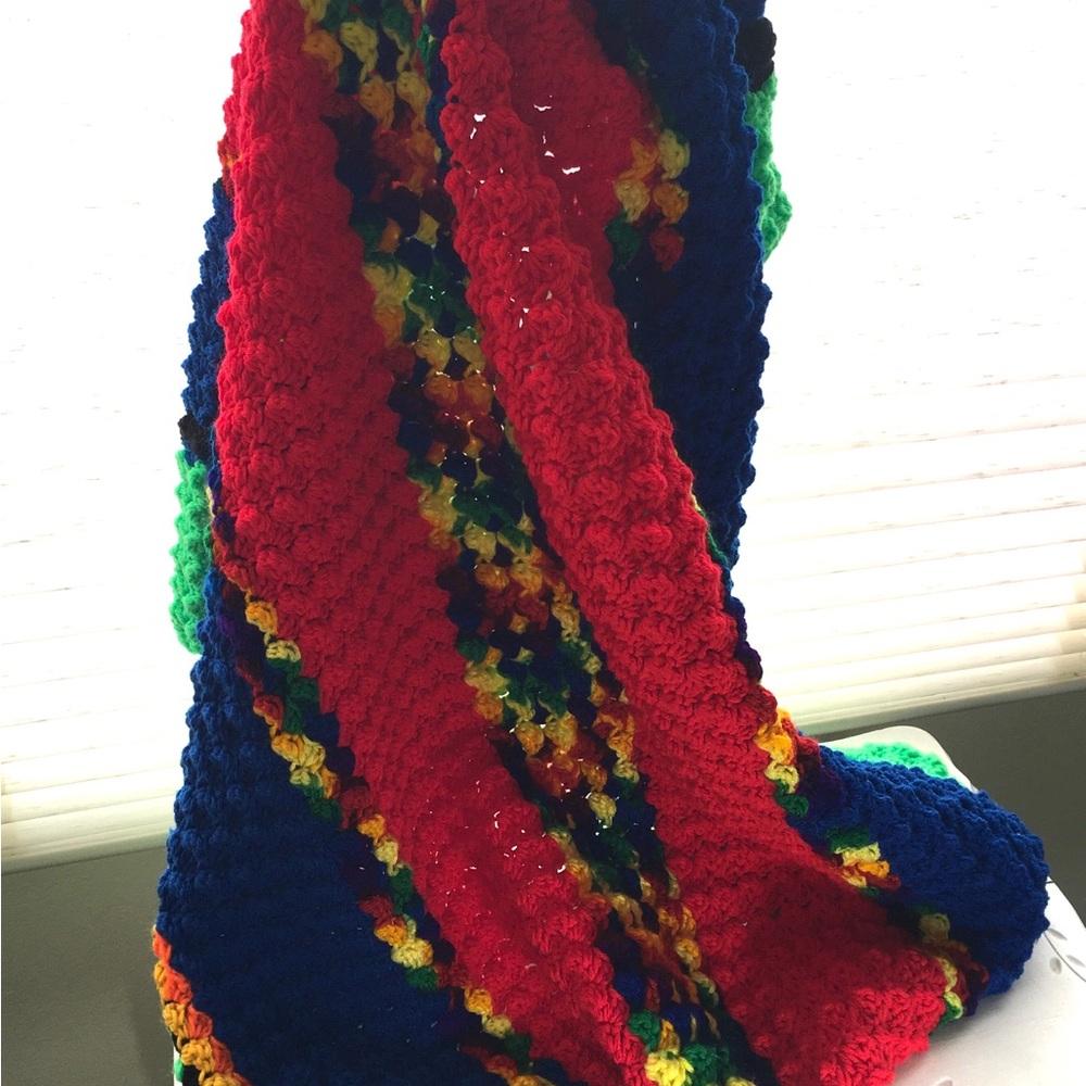 Handmade Multicolor Crochet Throw Blanket - Red, Blue, Green, Yellow